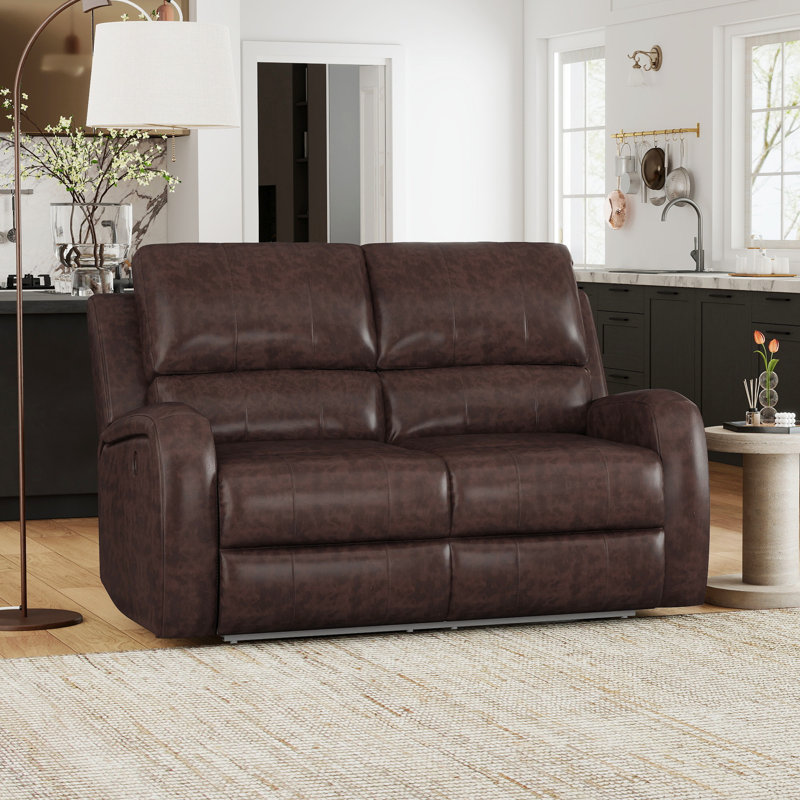  Modern and Upholstered Vegan Leather Power Reclining Sofa with USB Charge Port, Dark Brown