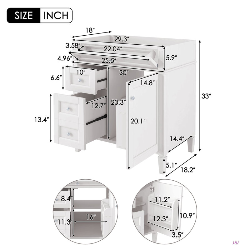 Meuble-lavabo de salle de bain de 30 po sans lavabo supérieur, armoire de rangement moderne avec 2 tiroirs et un tiroir rabattable (BASSIN INCLUS)