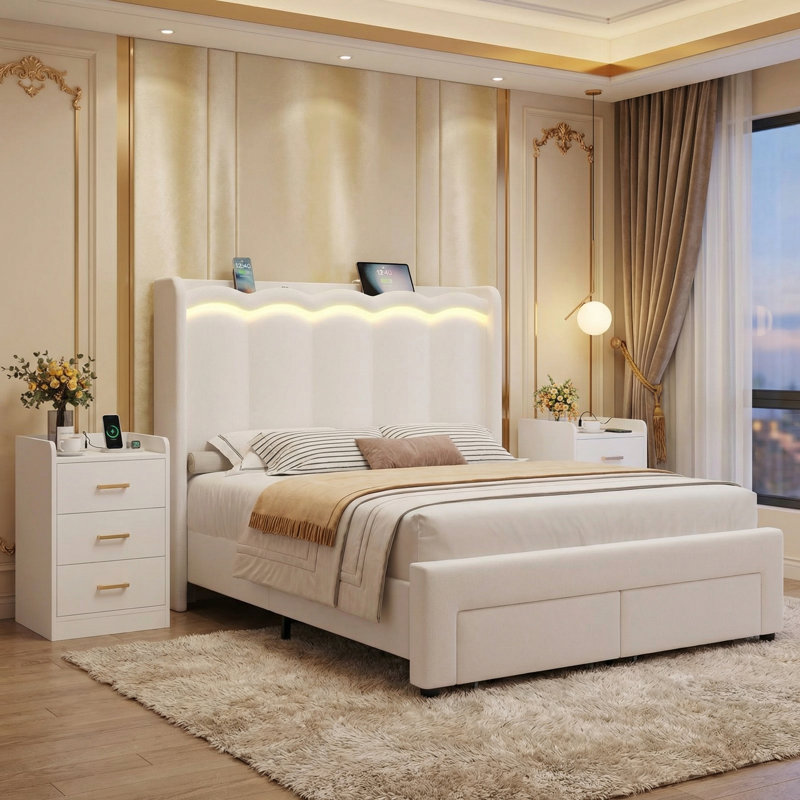 Ensemble de chambre à coucher 3 pièces, lit flottant et 2 tables de chevet avec ports de chargement USB | Ensemble de chambre à coucher flottant moderne