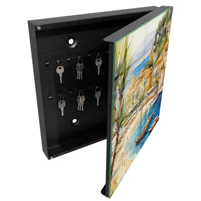 Key box, Opens to the right, 30x30x5, Black, Charming tenement houses and boats against the sea background, 