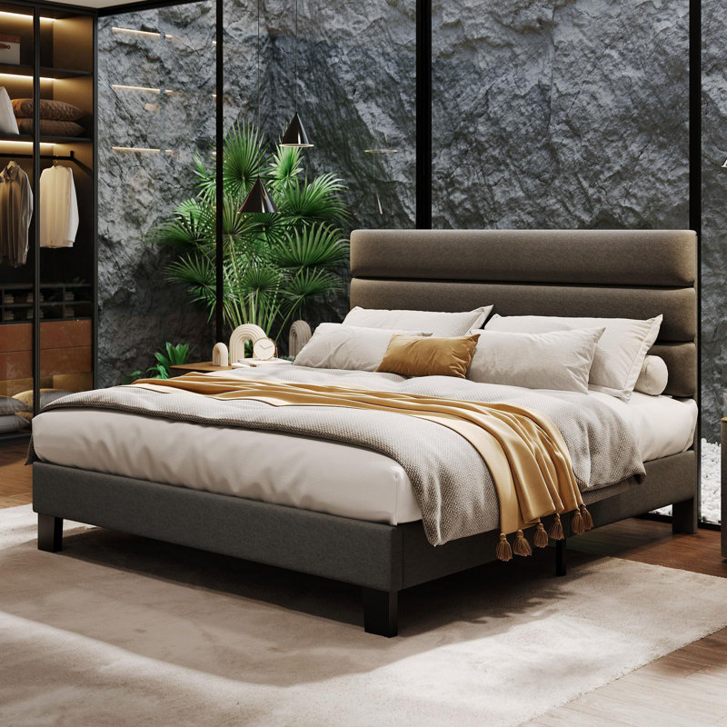Bed Frame With Adjustable Headboard, Wooden Slats Support, Queen
