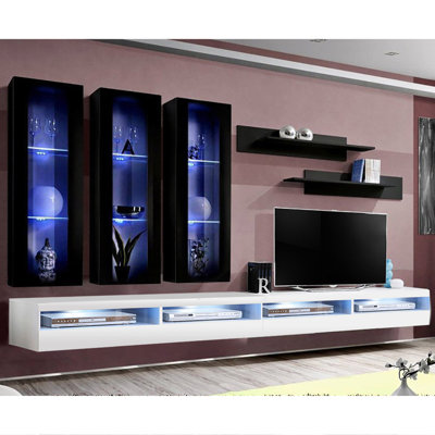 126" Modern Floating Wall Mounted Entertainment Center with 16-Color LED Lighting, High Gloss Finish