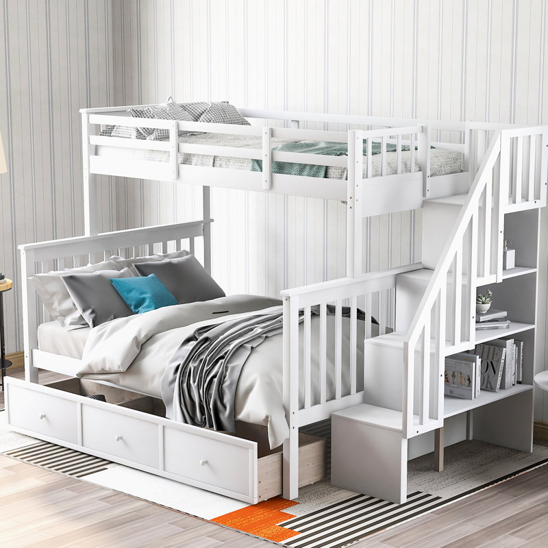 Twinfull Bunk Bed With Drawer For Space Saving - White Finish Storage Sheets And A Cozy Bedroom