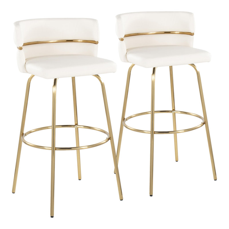 Sone 30" Faux Leather Fixed-Height Bar Stools with Round Footrest, Black Faux Leather/Gold Frame
