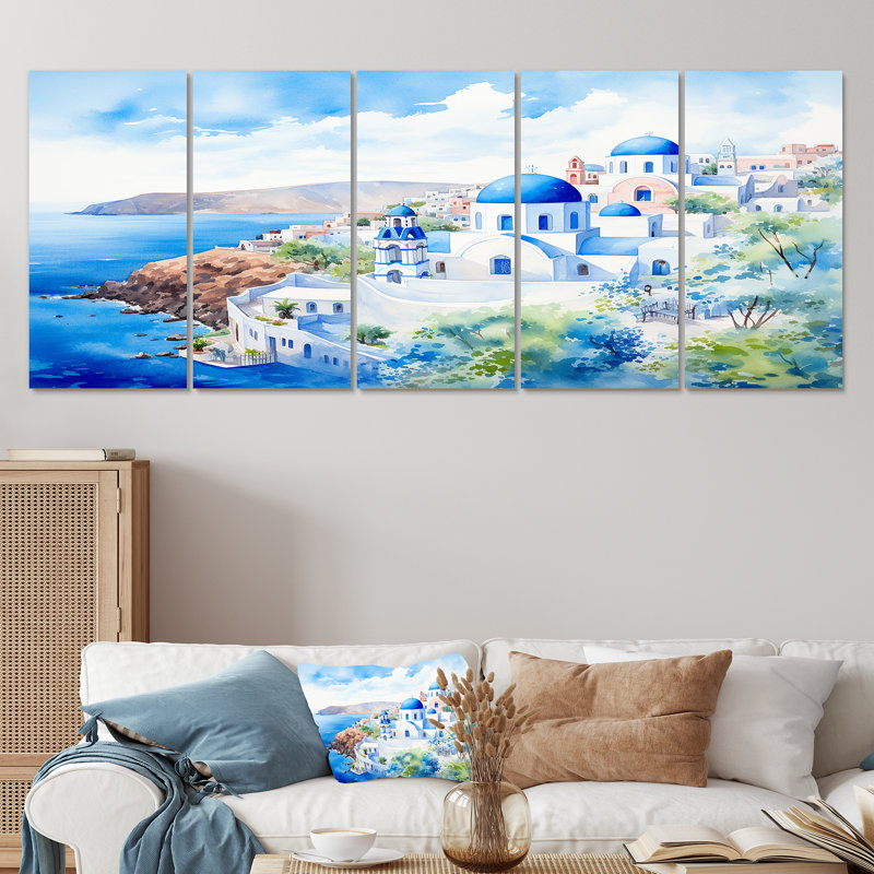 «Grèce Santorini Landscape II - Grèce», art mural 5 pièces, H 28 po x l 60 po