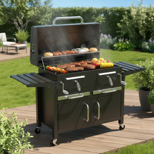 Très grand barbecue au charbon de bois avec espace de cuisson surdimensionné, deux plateaux à charbon de bois, grilles en émail et grille de réchaud en chrome, fumoir de barbecue extérieur avec 4 roues et tables d'appoint