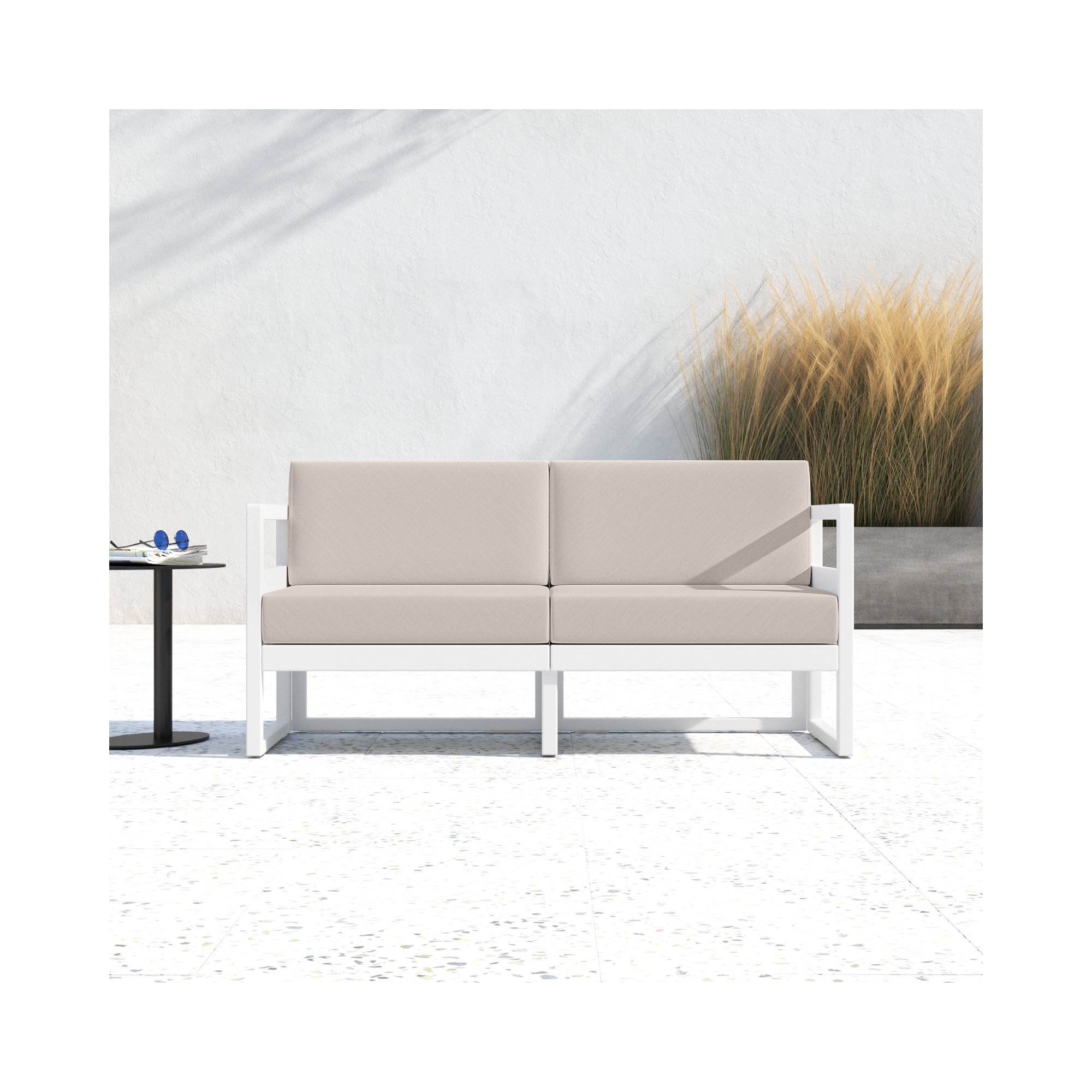 Lane 58'' Wide Straight Loveseat with Cushions, White, Canvas Flax Sunbrella® Canvas