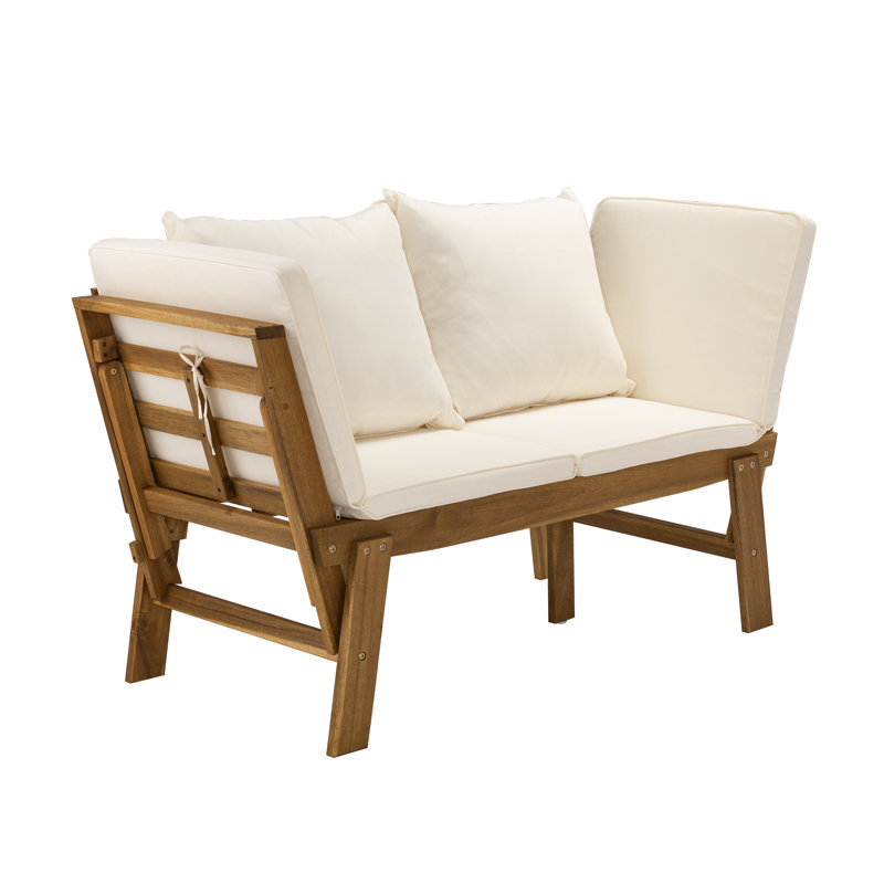 Outdoor Acacia Wood Chaise Lounge , Cushion Included, Natural Frame/White Cushions