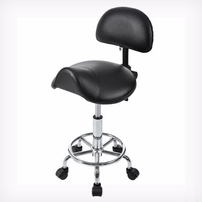 Saddle Stool With Back Support, Rolling Stools With Foot Rest, Ergonomic Adjustable Stool With Wheels, Backrest Adjustable Height & Angle