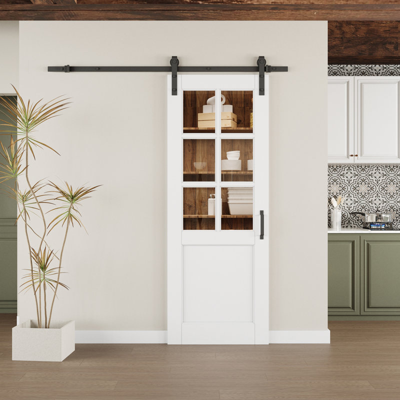 Porte de grange coulissante en verre transparent avec apprêt blanc moderne 6-Lite avec trousse de quincaillerie d'installation (aucun assemblage requis)