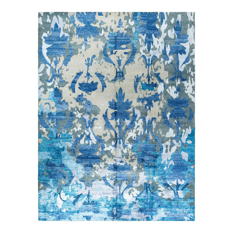 Gray and Blue Hand-Knotted Wool and Silk Rectangular Area Rug