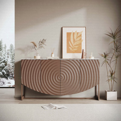 Modern 3D Wave Texture Sideboard Buffet Cabinet with Marble Style Countertop, Luxury Storage Cabinet for Living Room and Dining Room
