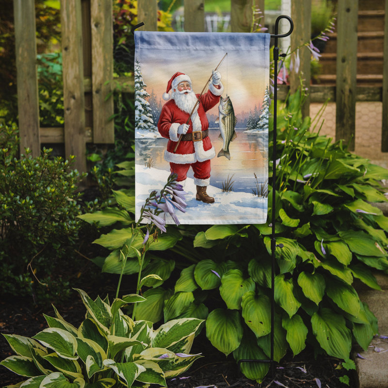 Pêche père Noël avec bar rayé drapeau de jardin de Noël, Taille du jardin, Pêche au père Noël avec bar rayé