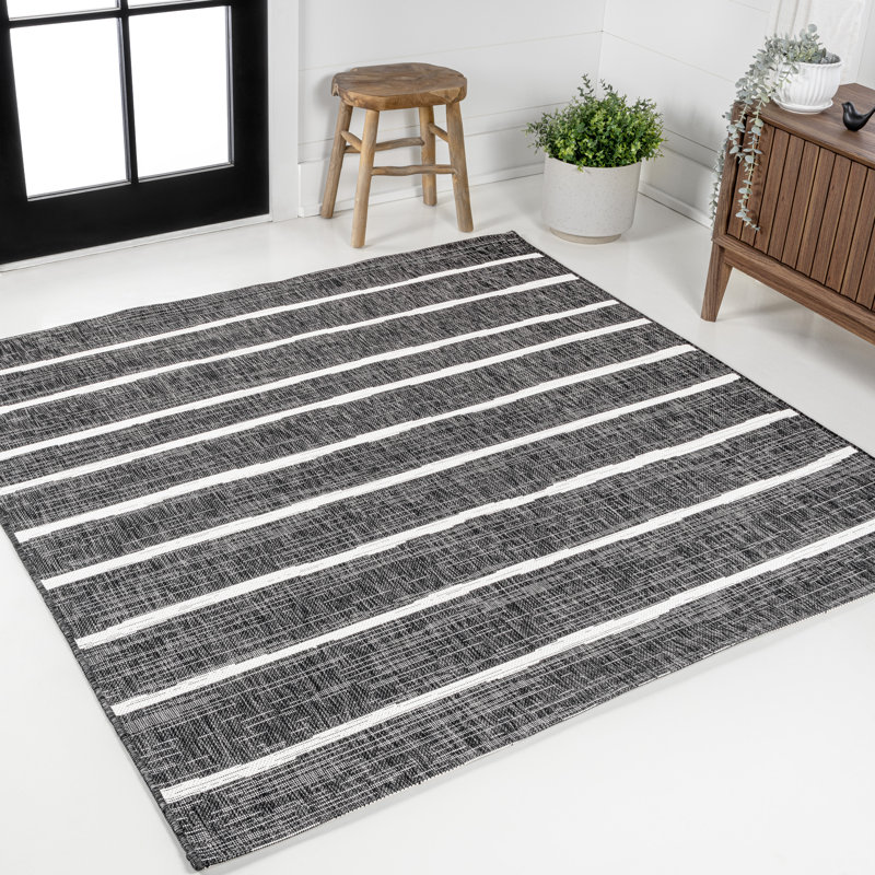Siegert Berber Stripe Black/Ivory Indoor/Outdoor Rug, Square 7'9"