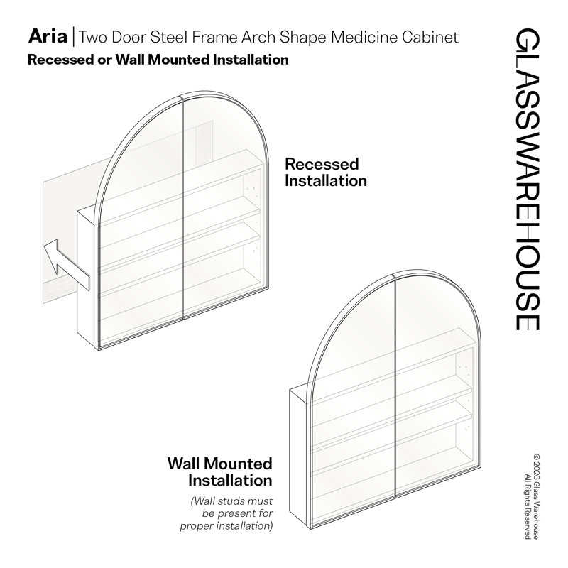 Two Door Steel Frame Arch Shape Medicine Cabinet, Satin Brass