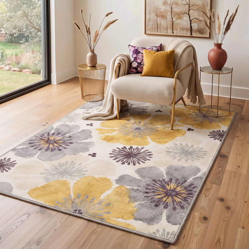 Tapis floral ivoire / jaune lavable à la machine avec envers antidérapant, Rectangle 5' x 7'