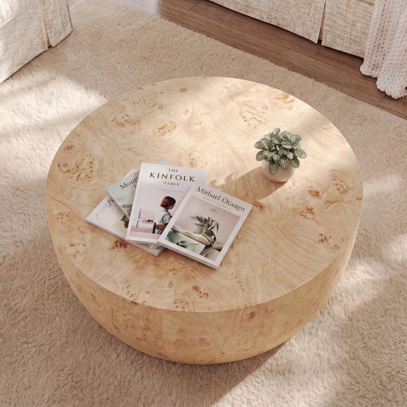 34.6" Round Drum Coffee Table – Modern Wood Grain Finish For Small Living Rooms, Burl