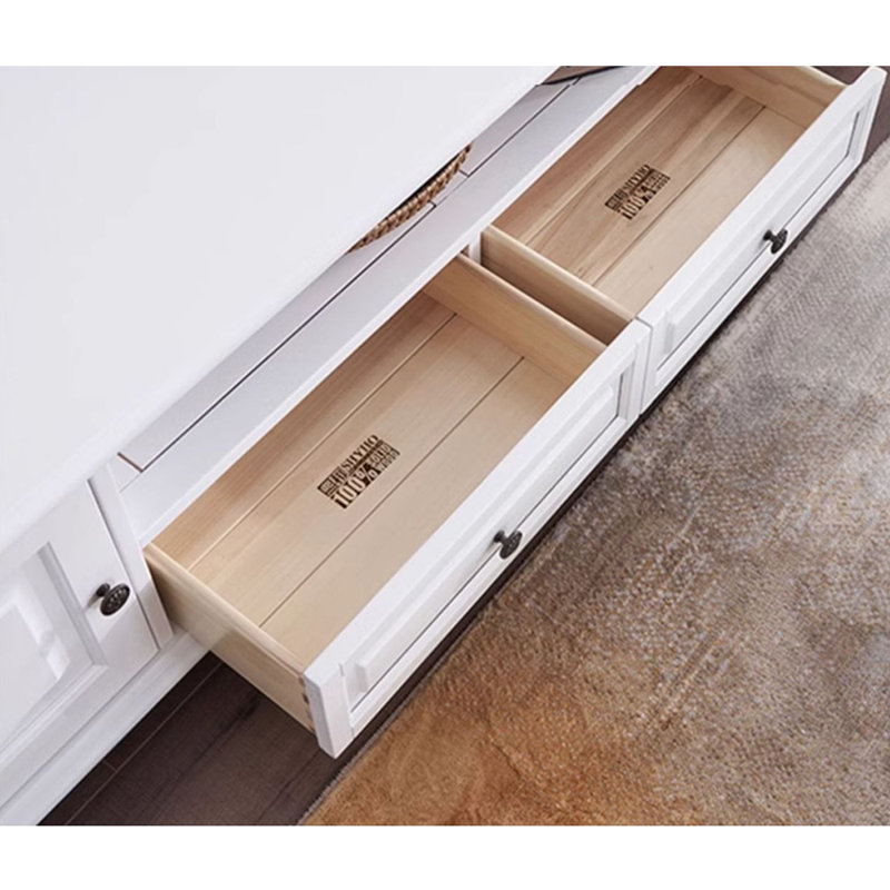 Meuble télé en bois massif cerisier, Blanc / Blanc, H 20,86 po x L 70,86 po x l 17,71 po