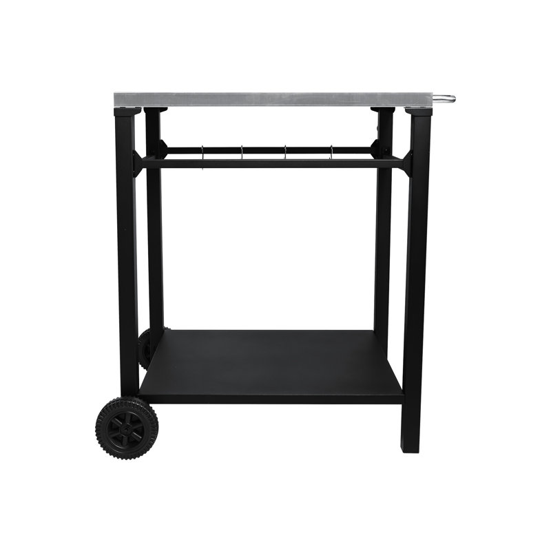 2 - Tier Outdoor Grill Cart, Stainless Steel Top, Large Wheels, Tool Hooks Movable Bbq Prep Table And Bar Cart For Patio, Backyard, Pizza Oven Stand Rust Efficient Use With Layout, Black Frame,
