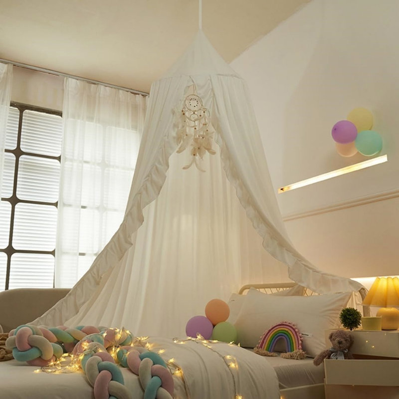Round Dome Bed Canopy For Girls With Ruffled (White) 65 X 250Cm