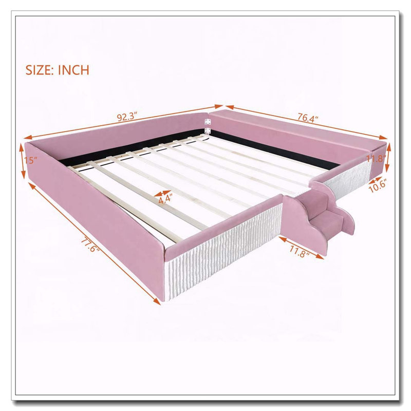 Velvet Upholstered Daybed with Stairs, Gas Lift Storage Ottoman, King, Pink+White