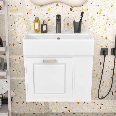 Meuble-lavabo avec lavabo en céramique, tiroir à fermeture en douceur, tablettes réglables et porte-papier hygiénique
