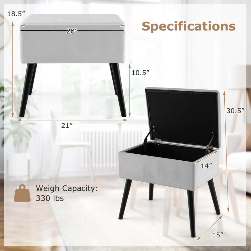 Repose-pieds 2 pièces en velours avec tabouret avec rangement et pieds en bois massif, Gris