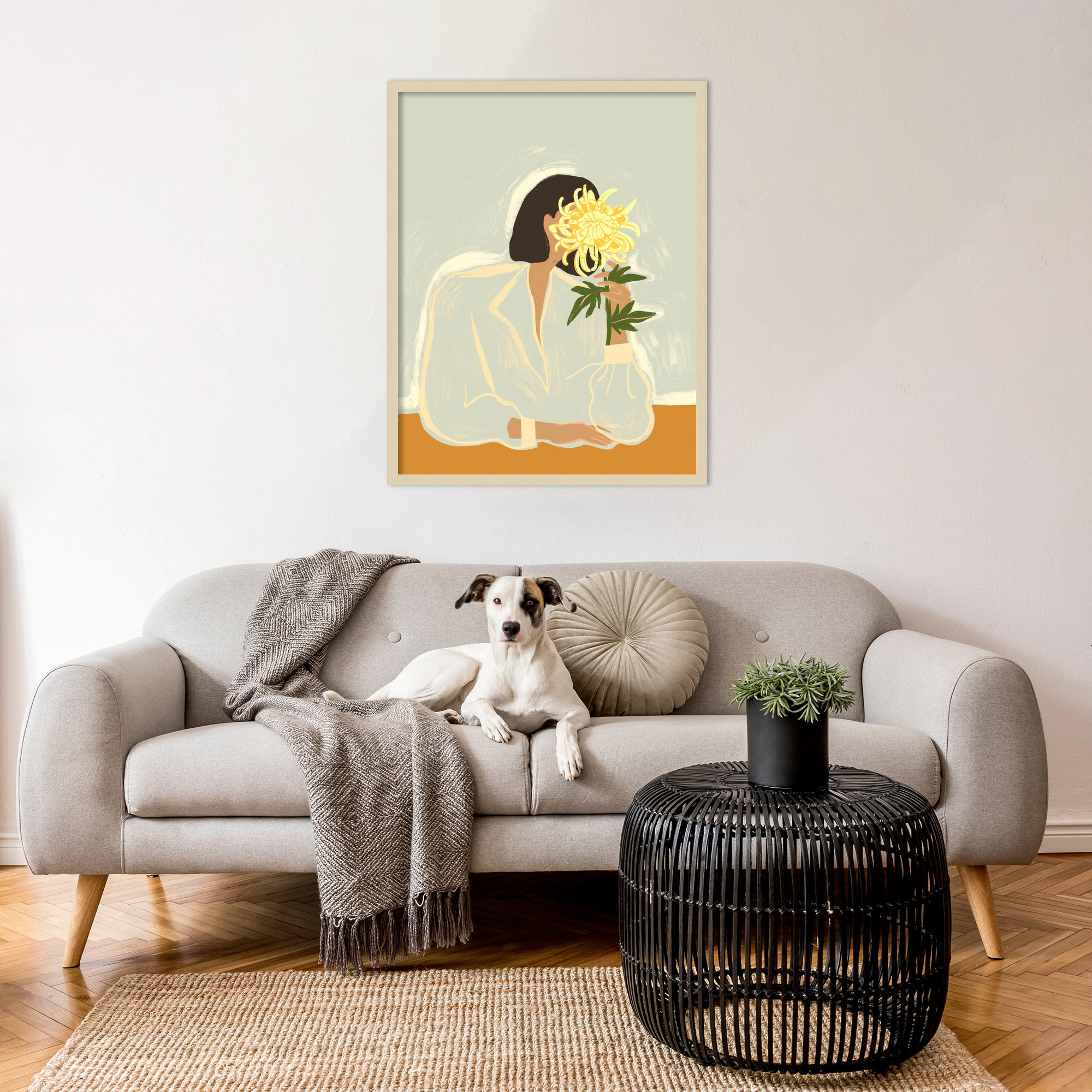 Lady With Chrysanthemum by Arty Guava Wood Framed Wall Art Print, 33" H x 26" W, Brown