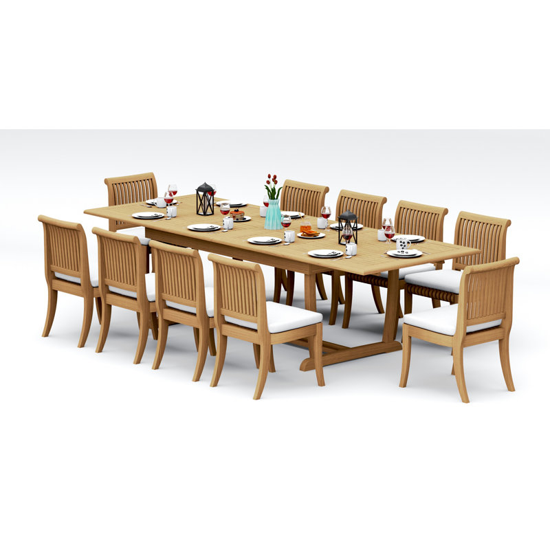 12 Seats 13 Pcs Grade-A Teak Wood Dining Set: 118" Double Extension Mas Rectangle Trestle Leg Table And 12 Giva Armless Chairs #11GV2500