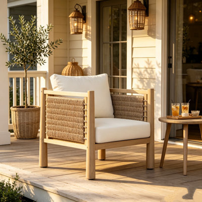 Ensemble de 4 chaises de patio en bois d'acacia pour l'extérieur, fauteuils en osier tressé brun clair avec coussins amovibles beiges résistants à l'eau, ensemble de 4 chaises toutes saisons pour rassemblement extérieur