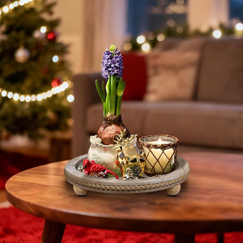 Round Wooden Decorative Tray, Farmhouse Beaded Tray For Coffee Table, Candles, Kitchen, And Home Decor