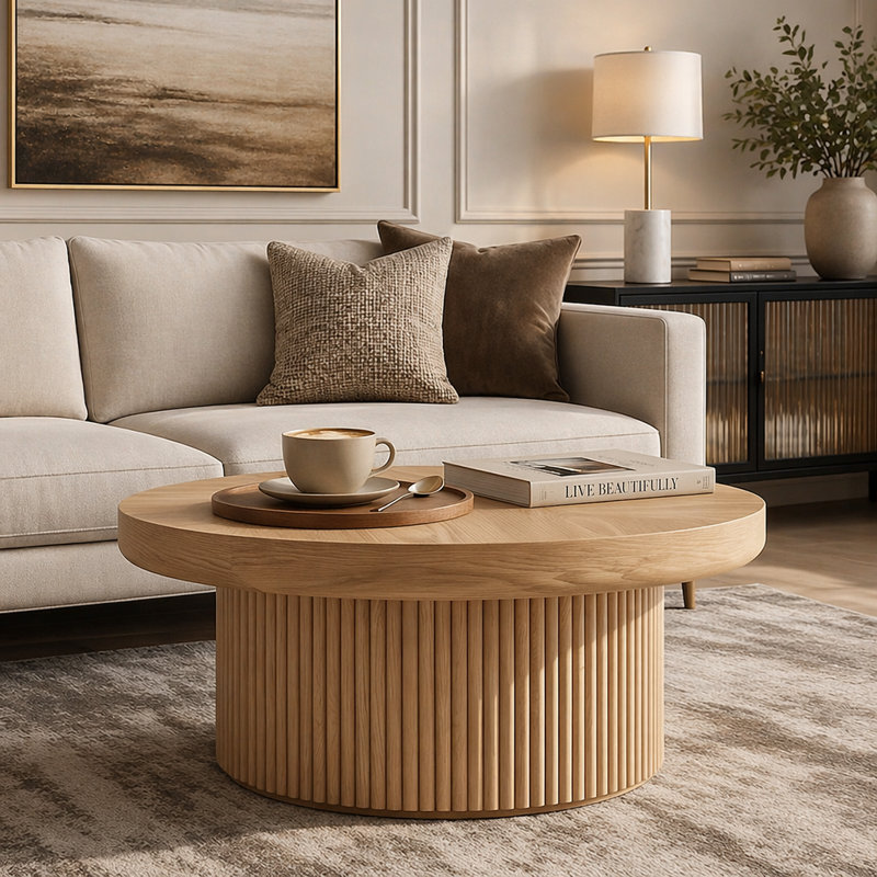 Bowe cannelé rond de 33,5 po avec plateau en bois véritable et base cylindrique, plateau de table épaissi, table basse Mid-Century moderne pour salon, petit espace