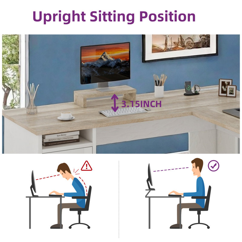 L-Shaped Executive Desk With Power Outlet, Brown/White