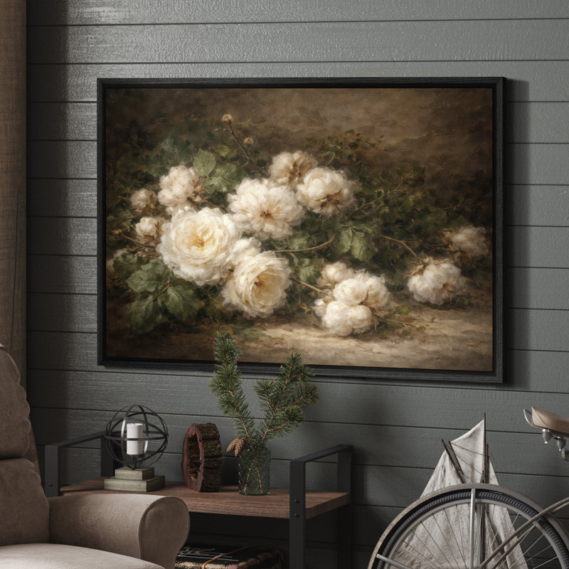 Art mural encadré sur toile - Nature morte à la rose blanche classique avec feuillage vert foncé - 16 po x 24 po, 24 po x 36 po