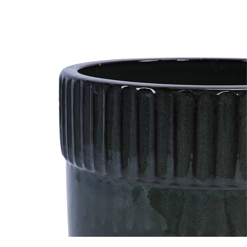 Handmade Ceramic Planter Set Of 3, 15/14/9 Inch Diameter, Black Ribbed Pattern, For Succulents Indoor/Outdoor Use On Windowsill & Bookshelf, Breathable Clay