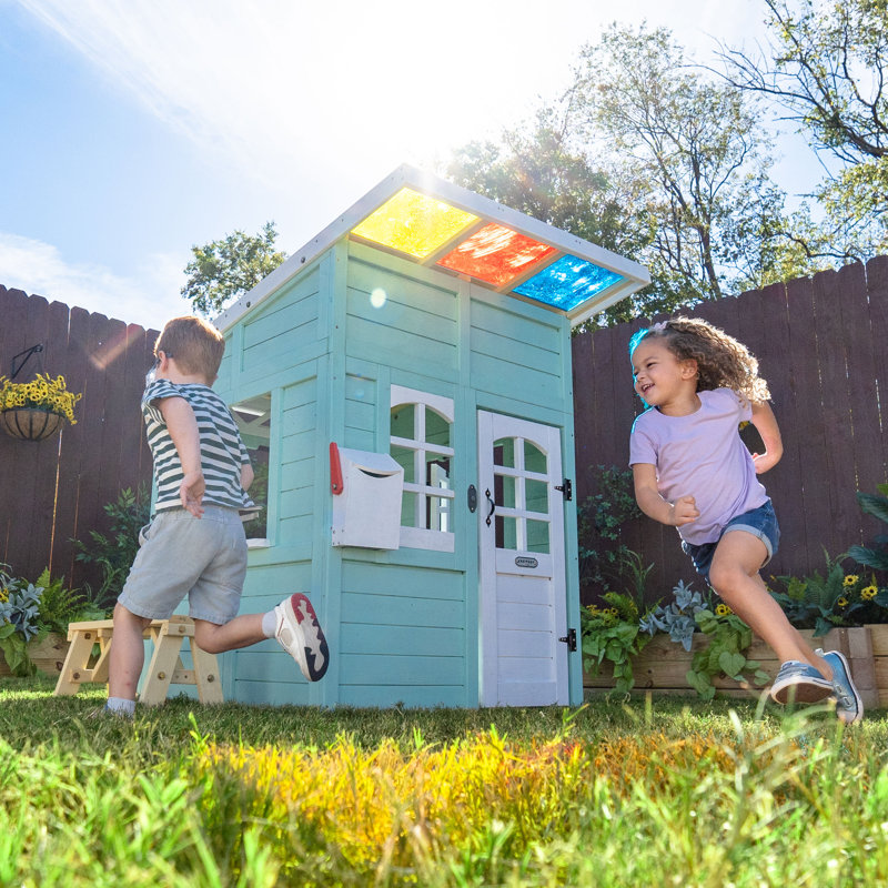 Maisonnette de jeu en bois pour enfants avec cuisine, bac à fleurs et banc Teamson, Bleu