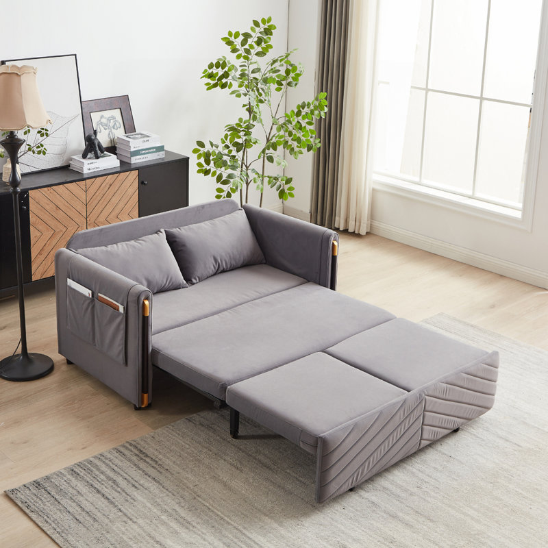 Velvet Multi-position adjustable Sofa with 2 Detachable Arm Pockets, Gray, 31.55" H x 54.05" W x 30.55" D
