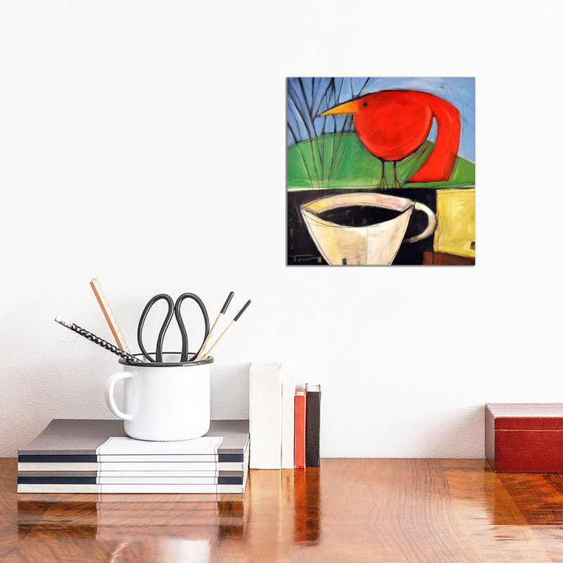 «Coffee and Red Bird» par Tim Nyberg - reproduction d'art, Aucun mat, Toile tendue, H 12 po x l 12 po x P 0,75 po