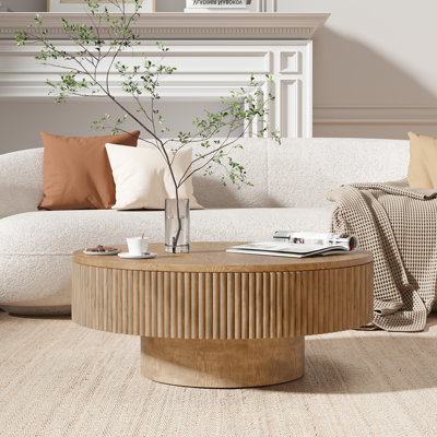 Fynlee Pedestal Round Coffee Table, Handcrafted Solid Wood Fluted Design