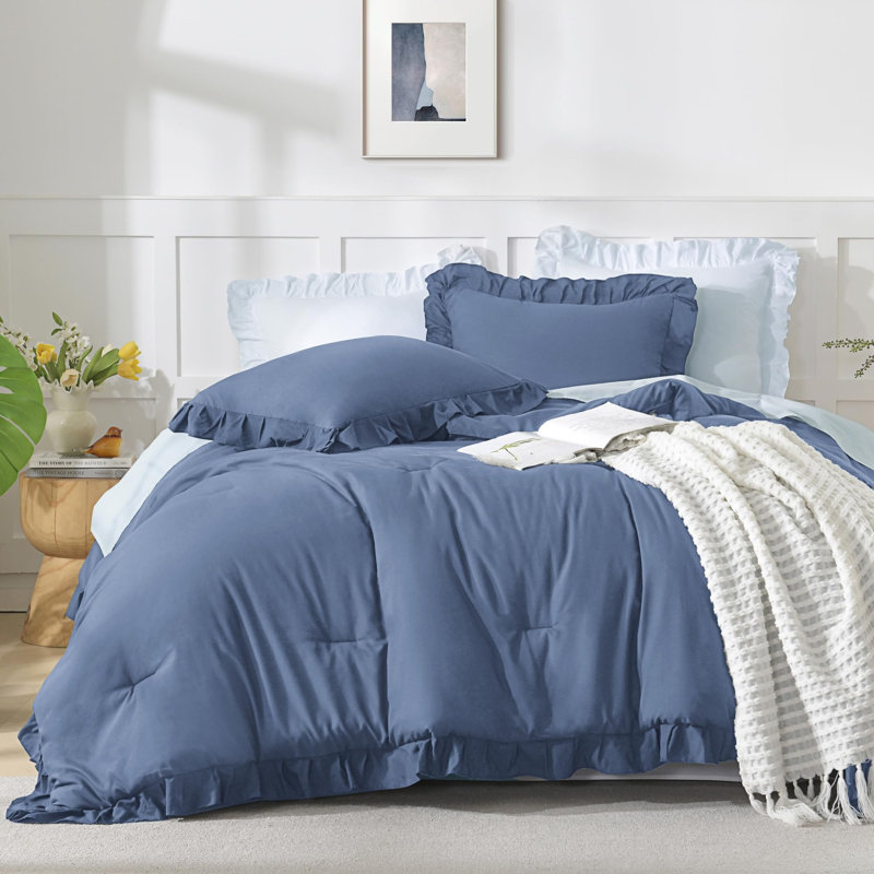 Andency Oversized King Ruffle Comforter Set 120x120, 3 Pieces Ocean Blue Lightweight Fluffy Super King Bedding Set, Shabby Chic Famhouse All Season Bed Set for Girls Women