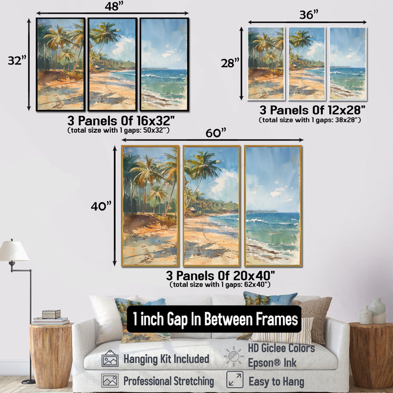 Ensemble de salon art mural bleu et vert avec palmiers Coastal Breeze, Toile encadrée flottée blanche