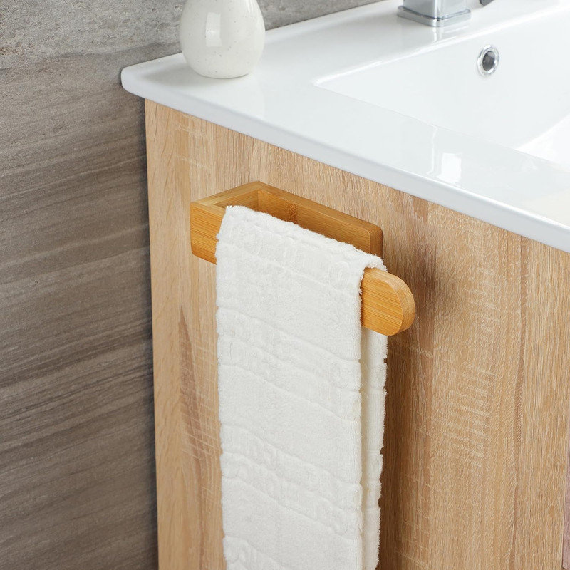 Porte-serviettes - Porte-serviettes en bambou auto-adhésif, porte-serviettes décoratif en bois naturel pour la salle de bain, barre à serviettes murale de 8 pouces pour la cuisine