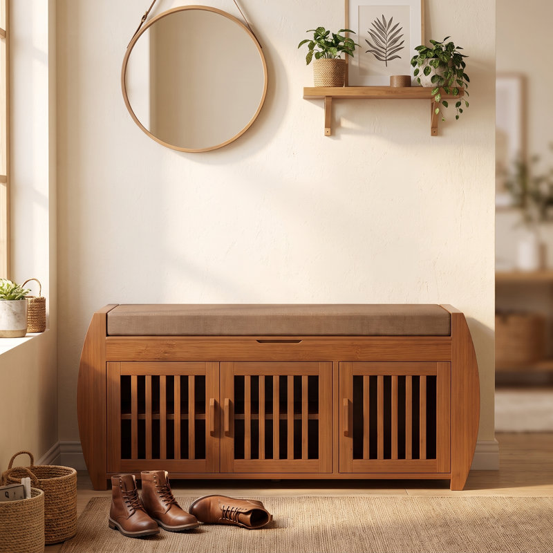   Brown Bamboo Shoe Storage Bench with Side Shelves & Hidden Seat Compartment – Entryway Bench for Several Pairs of Shoes, Lift-Top Cushion, Grille Doors