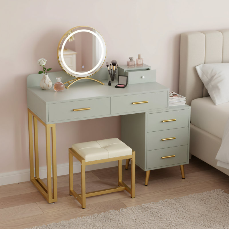 Ensemble de coiffeuse cyan, moderne avec lumière et miroir, 6 tiroirs de rangement + tablettes de séparation + tabouret rembourré, coiffeuse pour chambre à coucher pour femme.