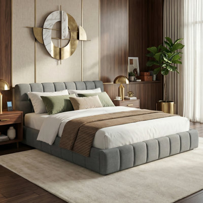 140x200cm EU Double Upholstered Bed, Relaxed Modern Cloud Bed with Padded Flange Edge & Embedded Design, Beige/Grey Linen