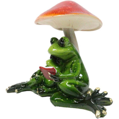 Story Time Green Frog Father Reading Book To Son By Toadstool Mushrooms Figurine