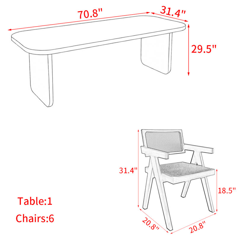 Modern simple solid wood dining table set., 7, 29.50”H x 70.80”L x 31.40”W