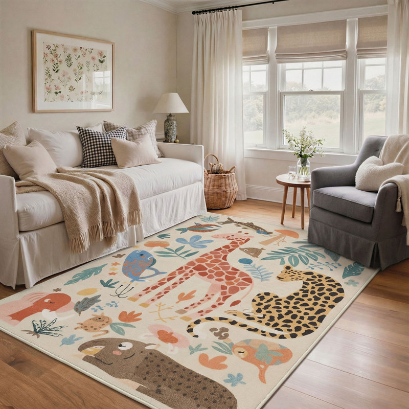 Aarna Safari Jungle Animals & Botanical Kids Area Rug, Machine Washable, Inspired Faux Wool - High-Rebound Foam & Non-Slip Backing