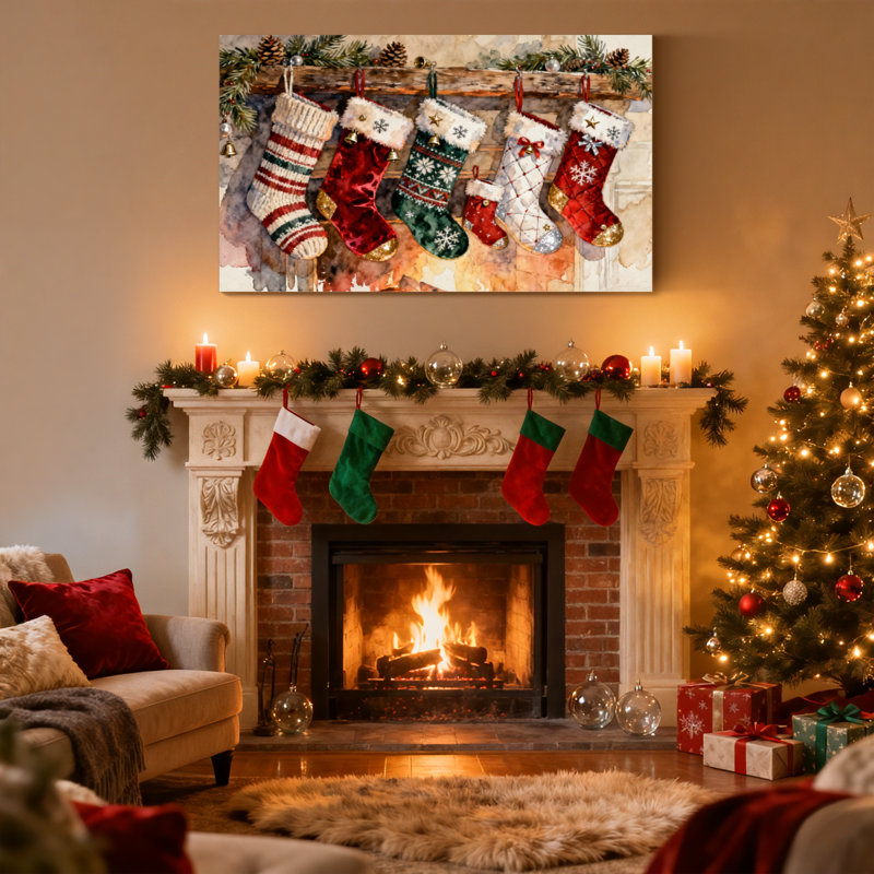 Ensemble de 3 toiles de Noël suspendues sur un manteau de cheminée avec des branches de pin, H 12 po x l 18 po