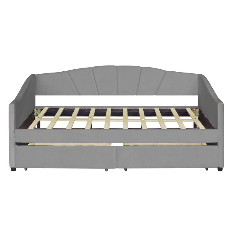 Upholstered Daybed Twin Size With Two Drawers And Wood Slat, Gray